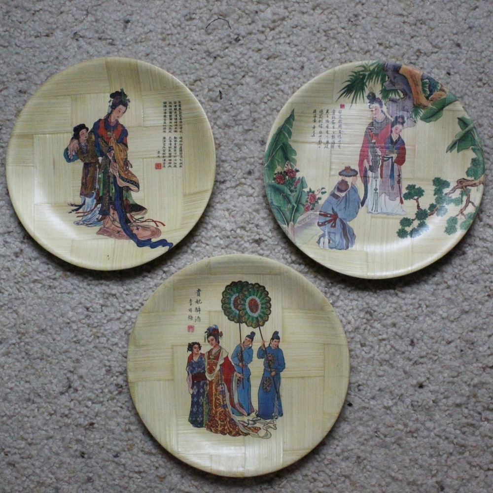 Bamboo Plate Specialist Tipsy Dancer Set 3 Vintage Chinese Art 7.75" Minimalist